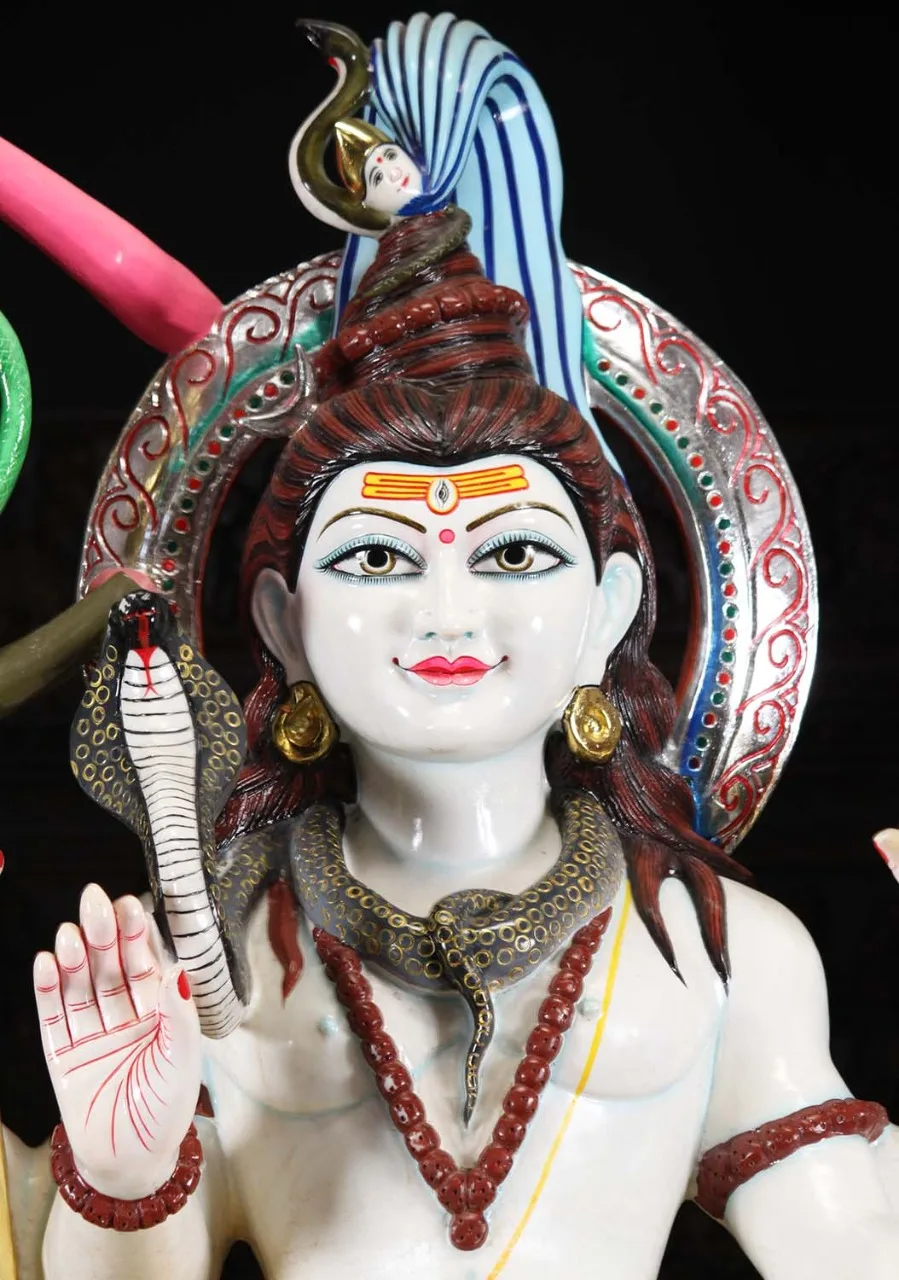 New arrival product Of 2022 Large Painted White Marble Shiva Murti Holding Drum Trident & Pot with Nandi & Cobras From India