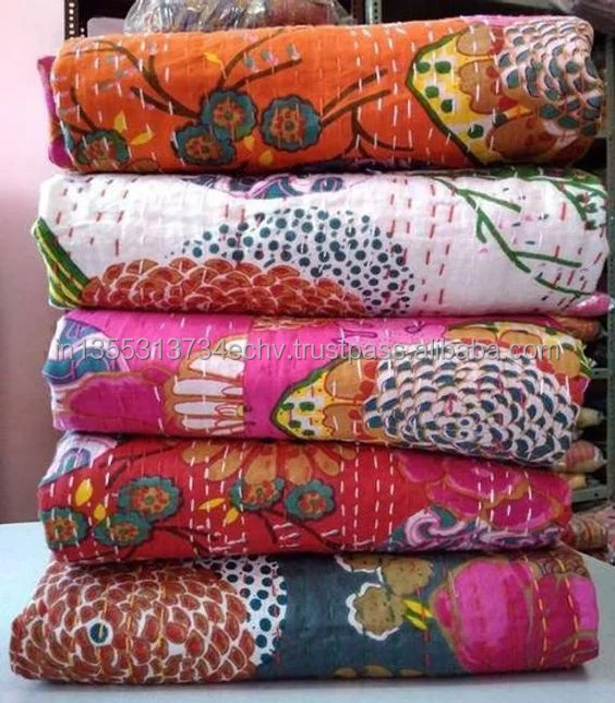 Indian Kantha Quilt Indian Tropical Floral Print Kantha Bedspread, Kantha Blanket Kantha Bedcover, Reversible Gudari