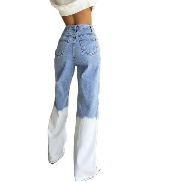 Two Color Plain Dyed Loose Woman Jeans Casual Pants Denim Fabric With Side Pockets 100% Cotton Straight Woman Jeans Pant 2023