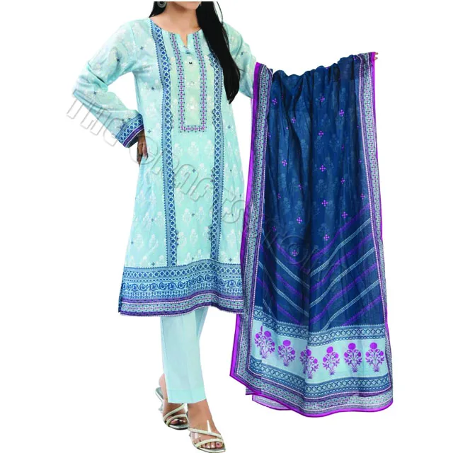 Original Branded Pakistani Lawn 3 Piece Suits With Gold Table Printed With Lace Work Embroider