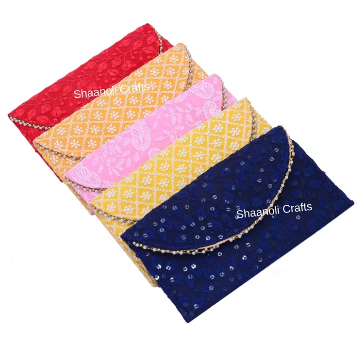 New Arrival Indian Handmade Chikankari Ethnic Envelopes Slim Wrist Handbag Zipper Snap Single Strap Mobile Case Polyester Gift