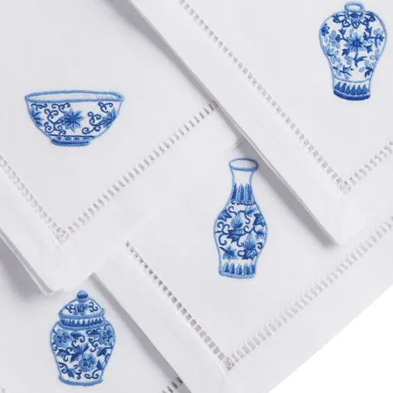 Pot flower Hand embroidery napkin, 100% cotton, size 50x50 cm, hemstitch line