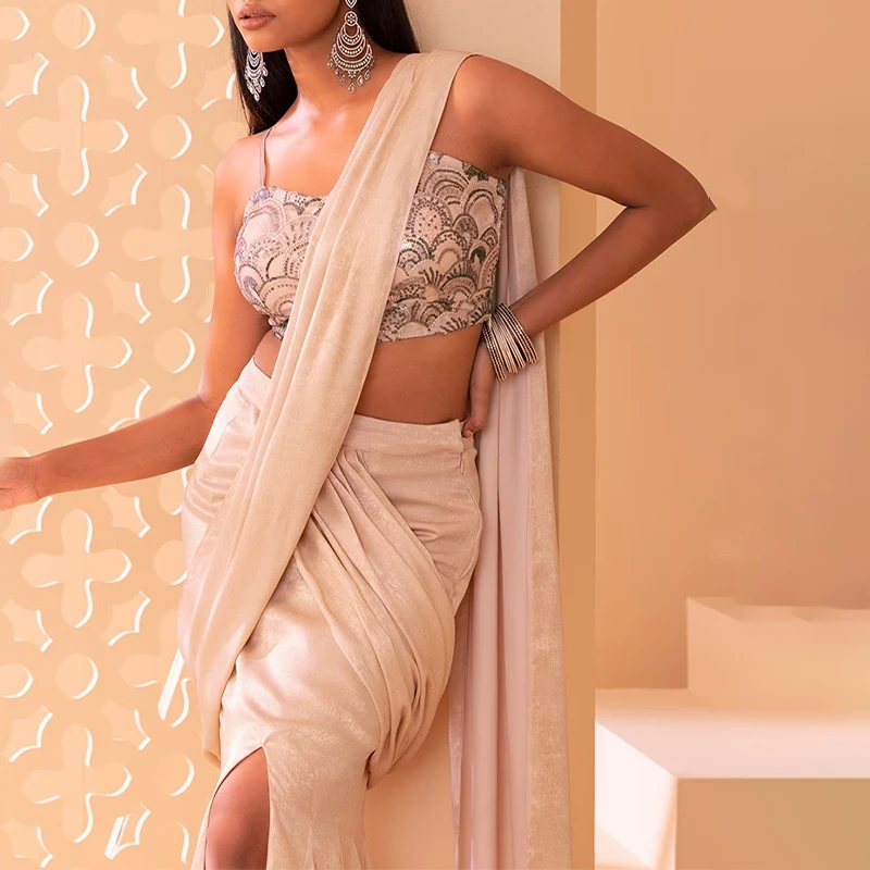 Manufacturer Wedding Party Occasion Unique Sari Shari Set OEM Kurta Indian Satin Pre-Stitched Sequin Embroidered Blouse Saree