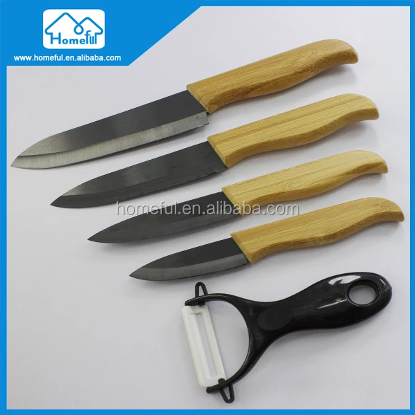 Deluxe Bamboo Handle Matte Black Blade Zirconia Knife Set
