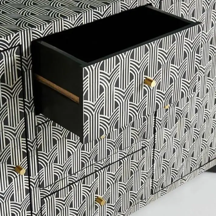 Modern Trending Hot Selling Bone Inlay Handmade 3 Drawers 2 Door Sideboard Buffet Dresser Optical Pattern Bone Inlay Furniture