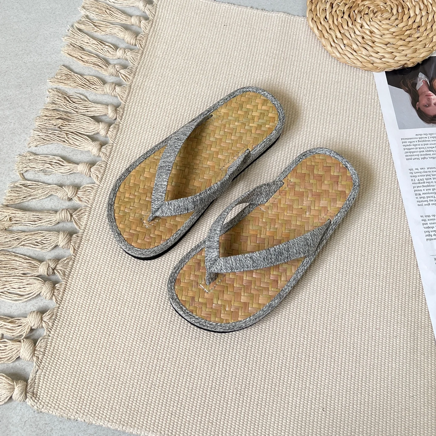 Cushioned Seagrass Water Hyacinth Canvas Genuine Leather Slippers All Platform Wood Fur Plush Natural Color Summer Use Home