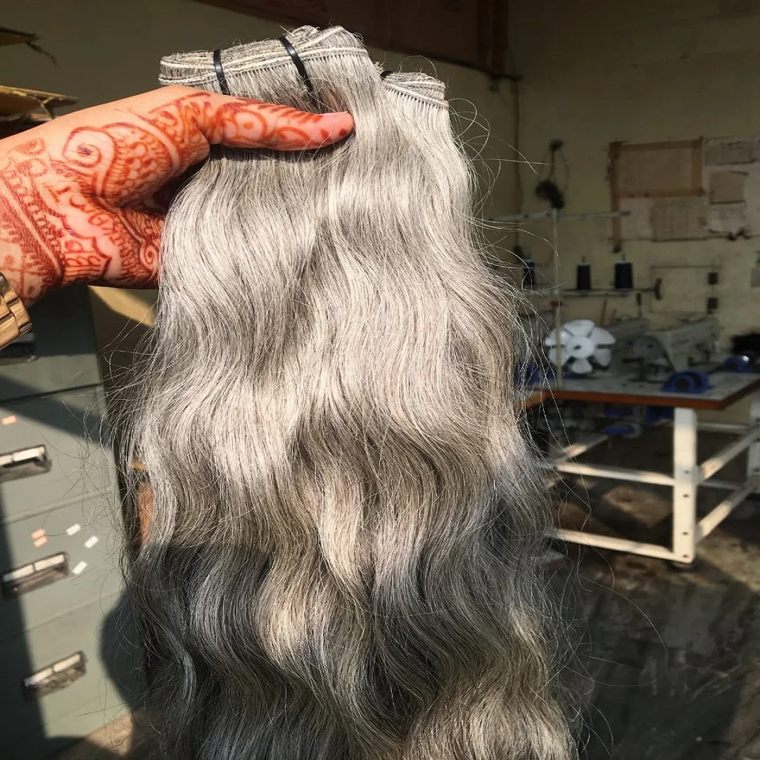 NATURAL GRAY RAW HAIR EXTENSION - RAW TEMPLE HAIR - CUTICLE ALIGNED SINGLE DONOR RAW GRAY HAIR