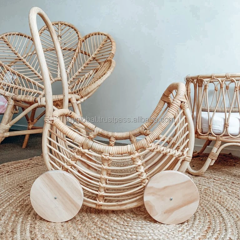 Wholesales home decor natural rattan trolley for toy baby doll carriage rattan stroller with cheap price for christmas event