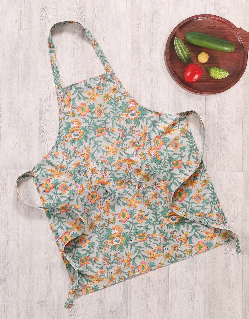Best Selling Harvest Apron Kitchen Organic Cotton Fabric Block Printed Plain Dyed  kitchen Accessories