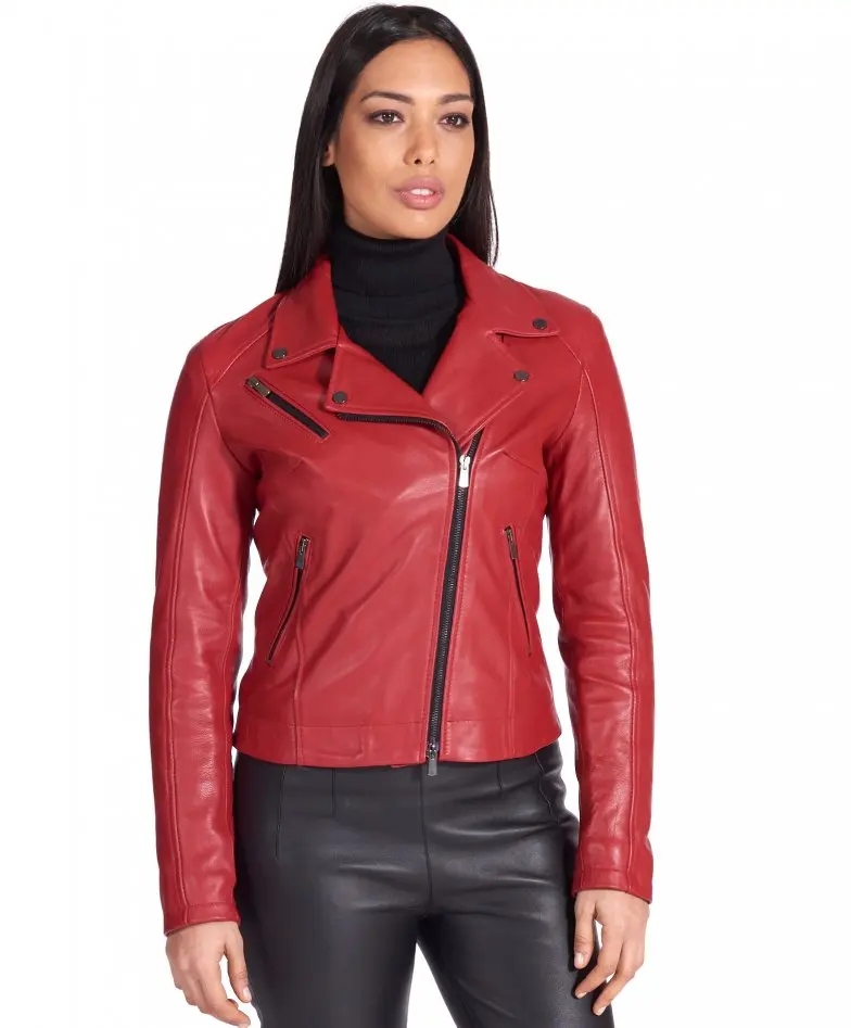 Autumn Soft Red Color Real Sheep Leather Luxury Women Classic Zipper Luxury Motorcycle Slim Sexy Leather Jackets