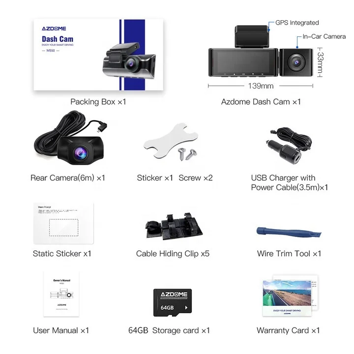 AZDOME M550 3 Camera 4K+1080P Car DVR Wifi GPS Logger Night Vision Dual Lens Dash Cam With Rearview Lens 3 Channel Car Camcorder