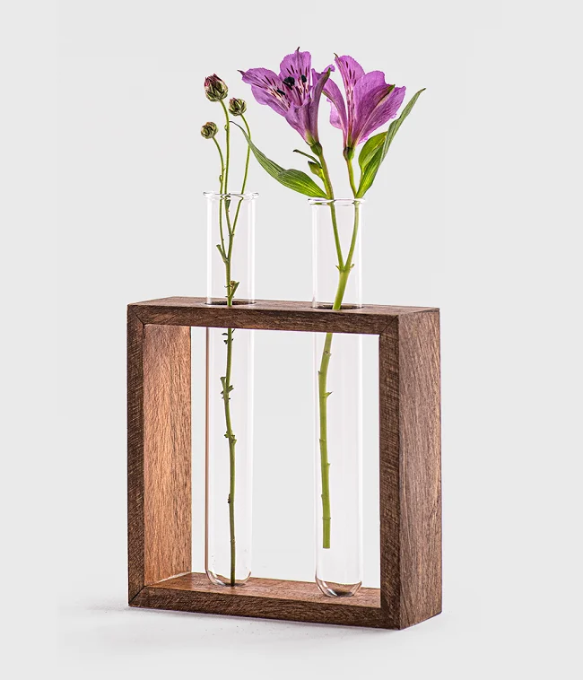 Beautifully Designed Stylish and Classy Decor Glass Tube Flowers Vase with Wooden Holder Base for Decorating House & Work Place