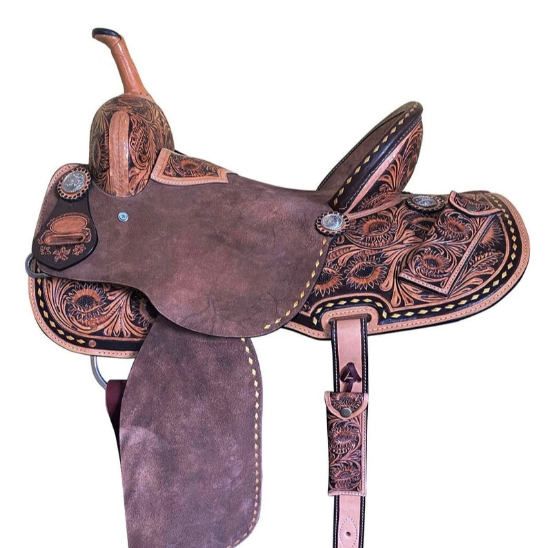 Hot selling New leather saddle barrel type with back billet & wide back girth horse tack genuine leather handmade