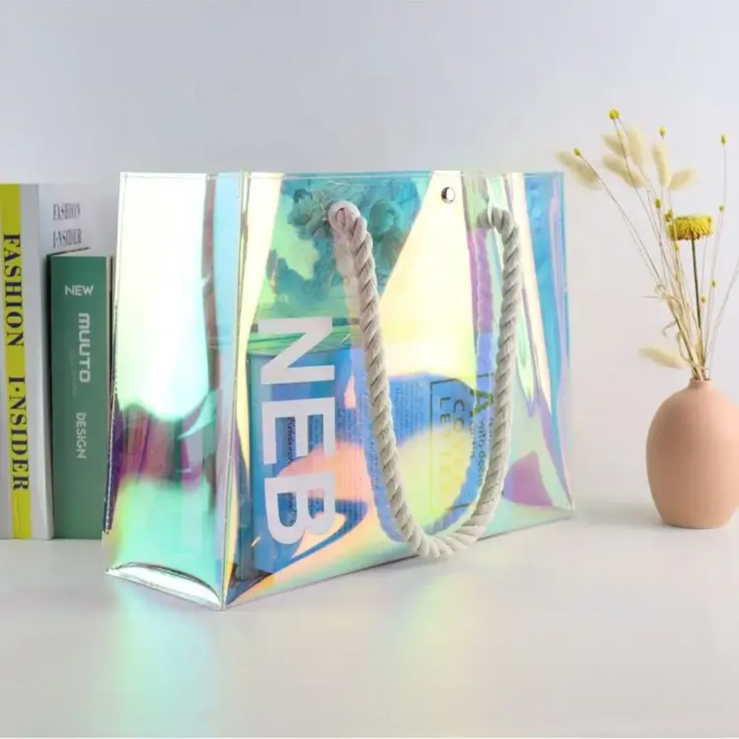 Custom Holographic PVC Shopping Clear Tote Bag Transparent Beach Shopping Bag with Thick Handle Cajas De Carton Casa De Regalo