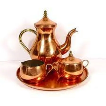 Pure Copper Tea Kettle With Two Cup Set Insulated Handle Premium Look Embossed Design Matte Finishing Drinkware Utility Items