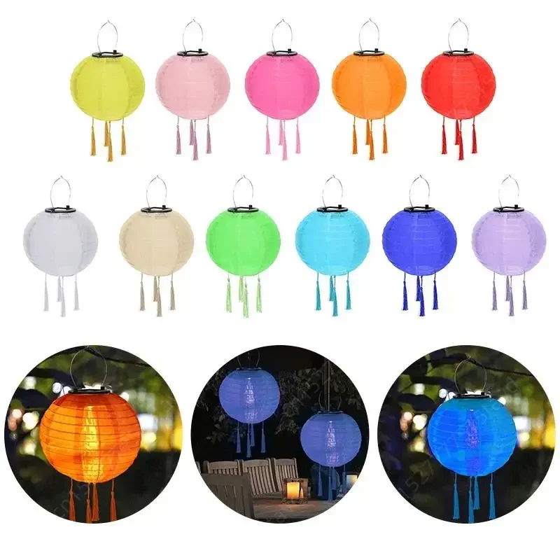 Round Paper Lantern Waterproof Solar Chinese Lantern Nylon Hanging Lamp Outdoor Festival Wedding Birthday Party Decorations