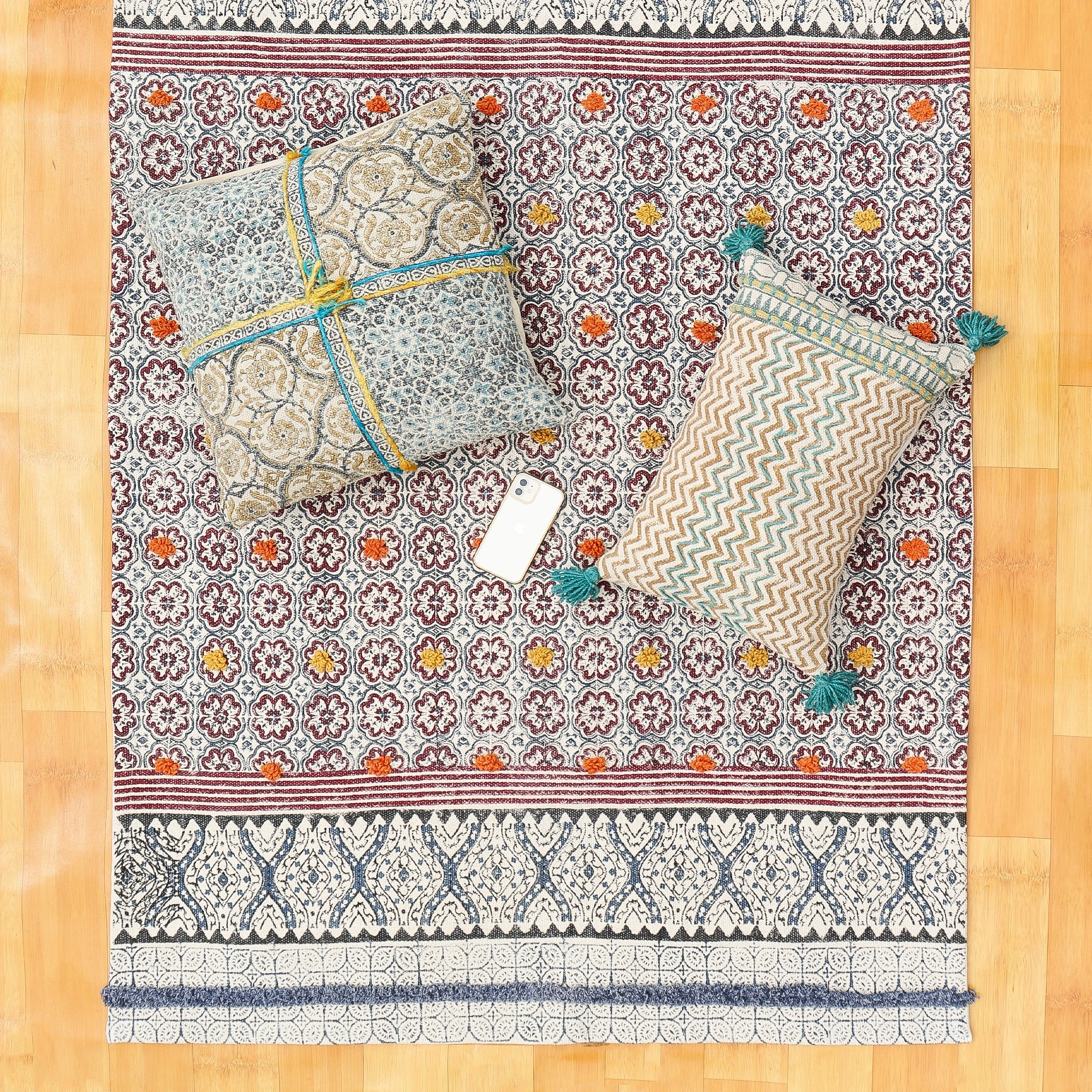 Plush Carpet  Embroidery Patio Rugs Prayer Mat Geometric Cotton Block Printed Handmade Kitchen Dhurrie Indoor 100% Cotton Rugs