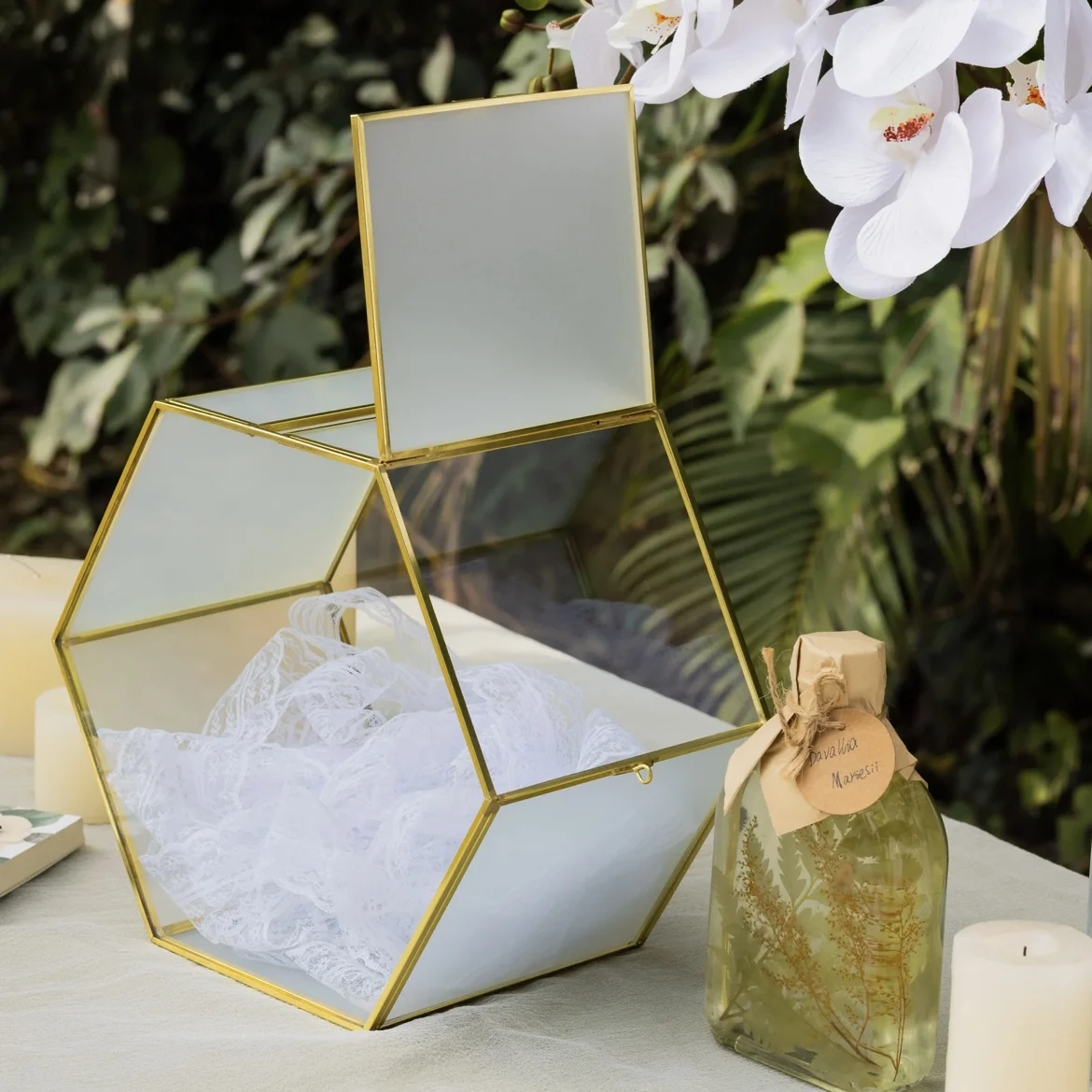 Modern Luxury Wedding Glass Card Box Hexagon Gold Brass and Glass Envelope and Wishing Well Box with Slot