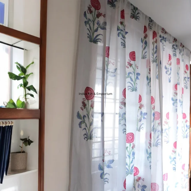 Floral hand block printed cotton window curtain drapes balcony bedroom window valance treatment blinds