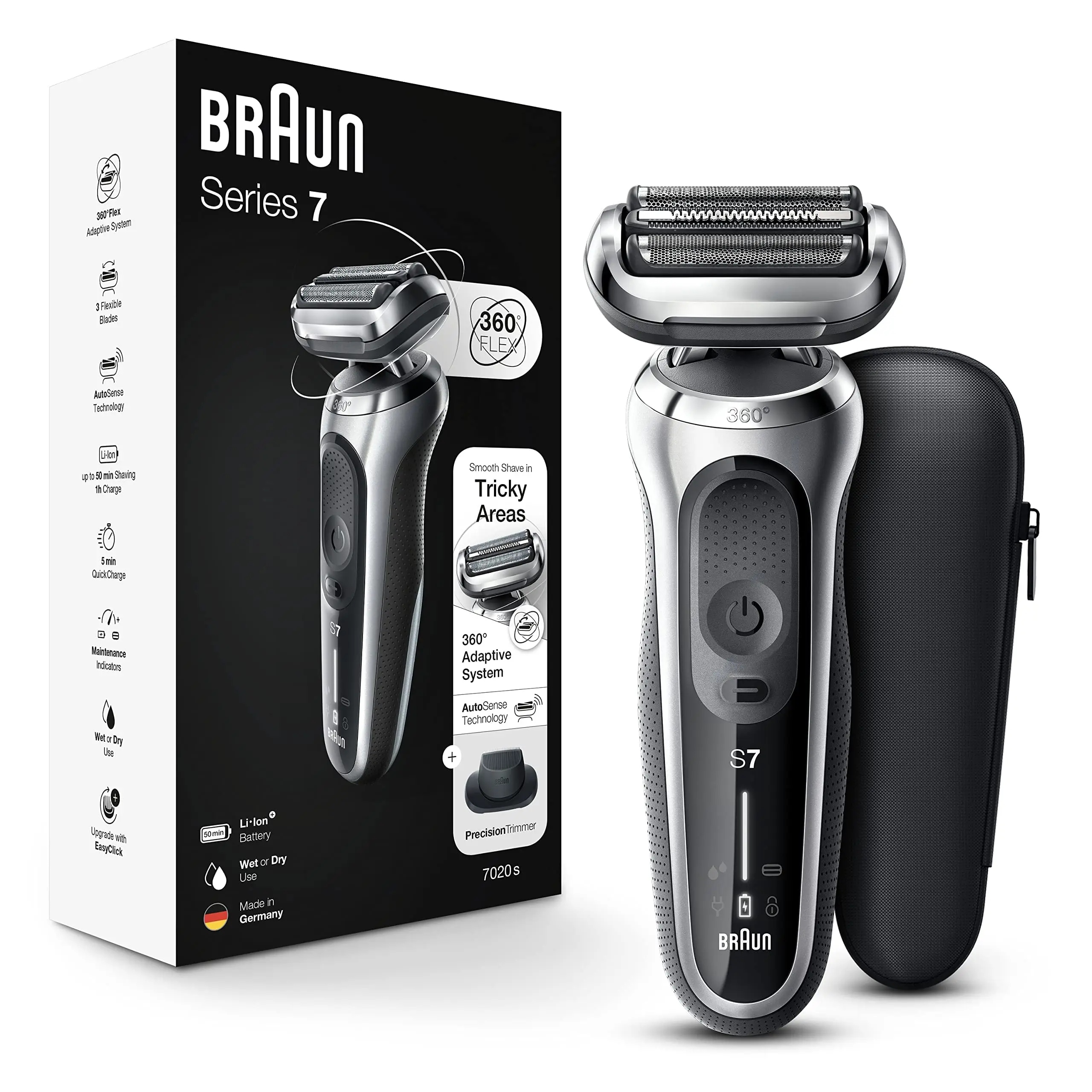 Электробритва Braun Series 7 7020s Гибкая для мужчин с триммером Влажная и сухая перезаряжаемая Беспроводная Бритва из фольги серебристая