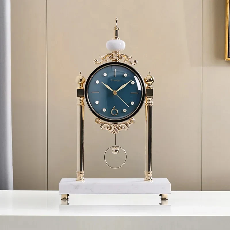 Japandi Traditional Metal Blue Round Mantel & Table Top Clock with Pendulum White Marble Base