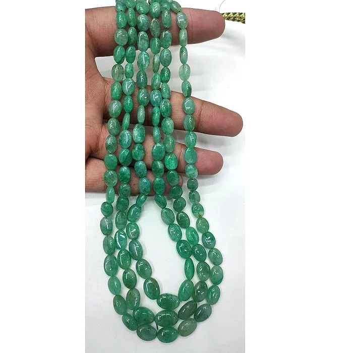 Dark shade green emerald beryl Stone smooth tumble Beads Necklace 8-10mm length 22 inch 3 layers beryl beaded vintage necklace