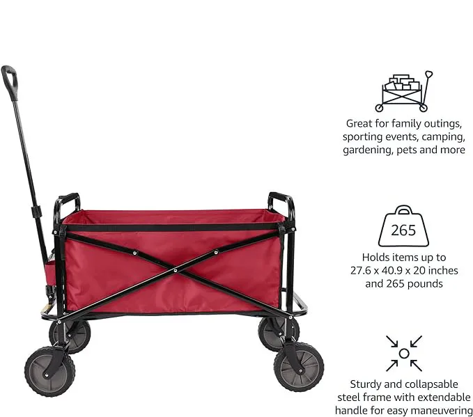 THCW10197 - Basics Collapsible Folding Wagon, Heavy Duty, Utility Wagon for Sports, Camping, Garden, and Shopping, Red