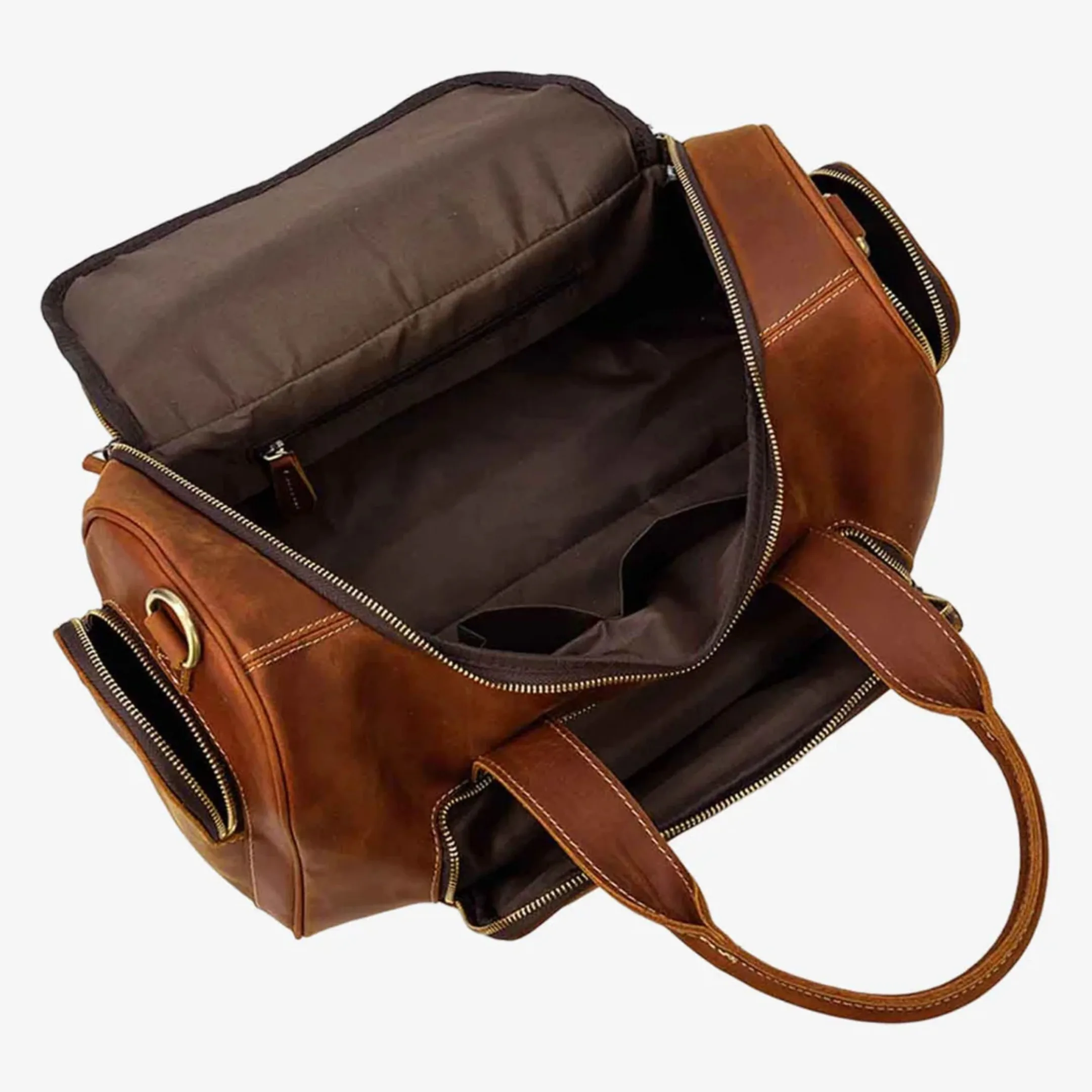 Designer Crazy Horse Leather Duffel Bag with Multiple YKK Zipper Pockets Stylish Weekender Bag for Travel Gym and Business Trips