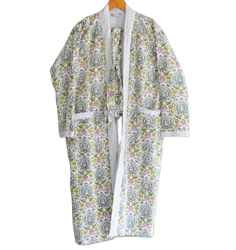 Sale !! Jaipuri Print , Indian Handmade Cotton Kantha  Flower Block Printed Kantha Stitched  Winter Jacket Tie Belt Long Coat