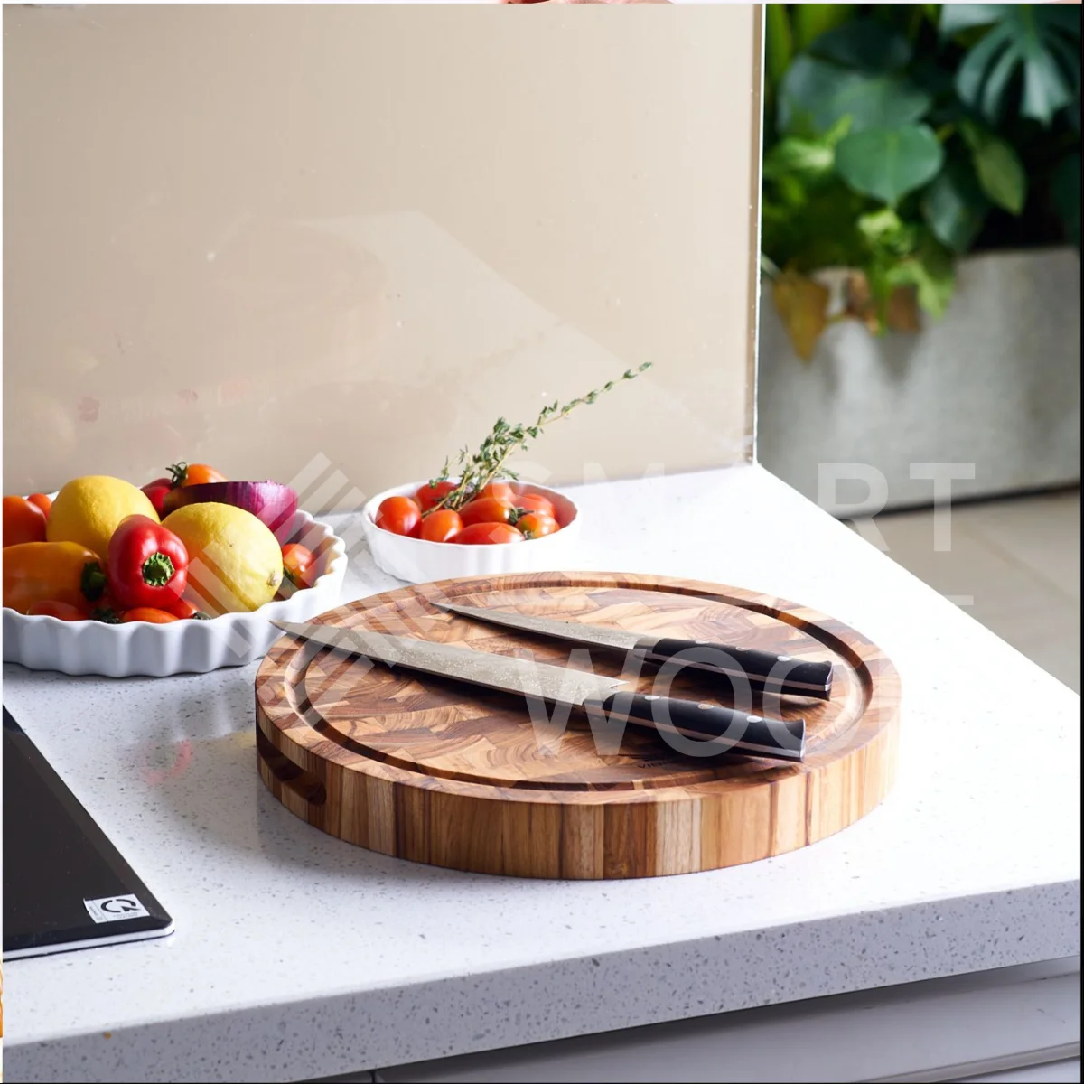 WHOLESALE PRICE - TEAK ROUND END GRAIN WOOD CHOPPING BLOCK GOOD QUALITY WITH HOLES NATURAL COLOR FOR KITCHEN