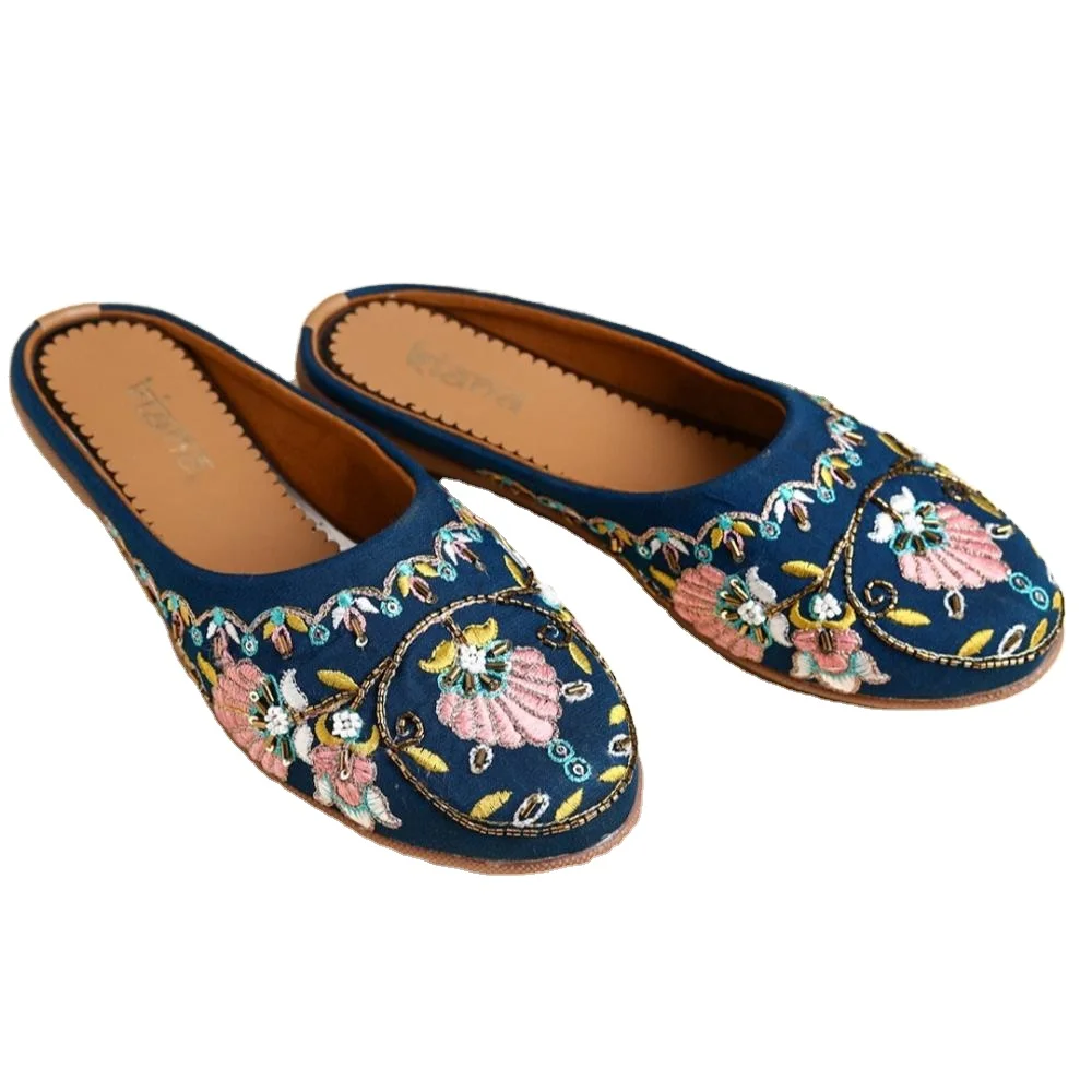 Women Blue Khussa Flat Wedding Footwear Jutti Shoes Slippers Casual khussa Wholesale OEM Available
