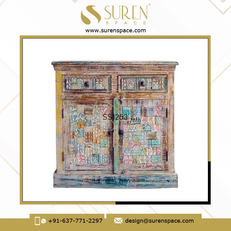 Indian Handmade Carved Pattern Distress Finish Recycled Design Living Room Cabinet Drawer Chest for Wholesale Buyers