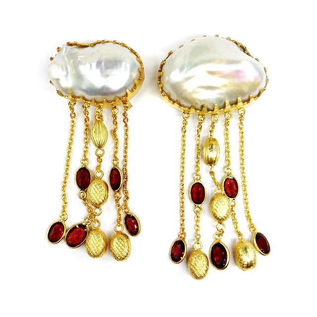 Fashionable Sterling Silver 925 Gold Plated Wholesaler Natural Baroque Pearl Garnet Gemstone Women Earrings Trendy Gift Danglers
