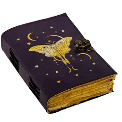 Luna Moth Blank Spell Book Of Shadows Journal with Lock Clasp Vintage Handmade Leather Butterfly Print Diary Prayer Pagan