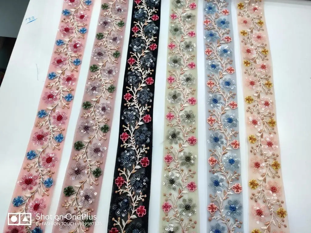 custom made machine embroidered ribbons & laces in cut work design with 100% sequins work in 7 colours for wedding dresses