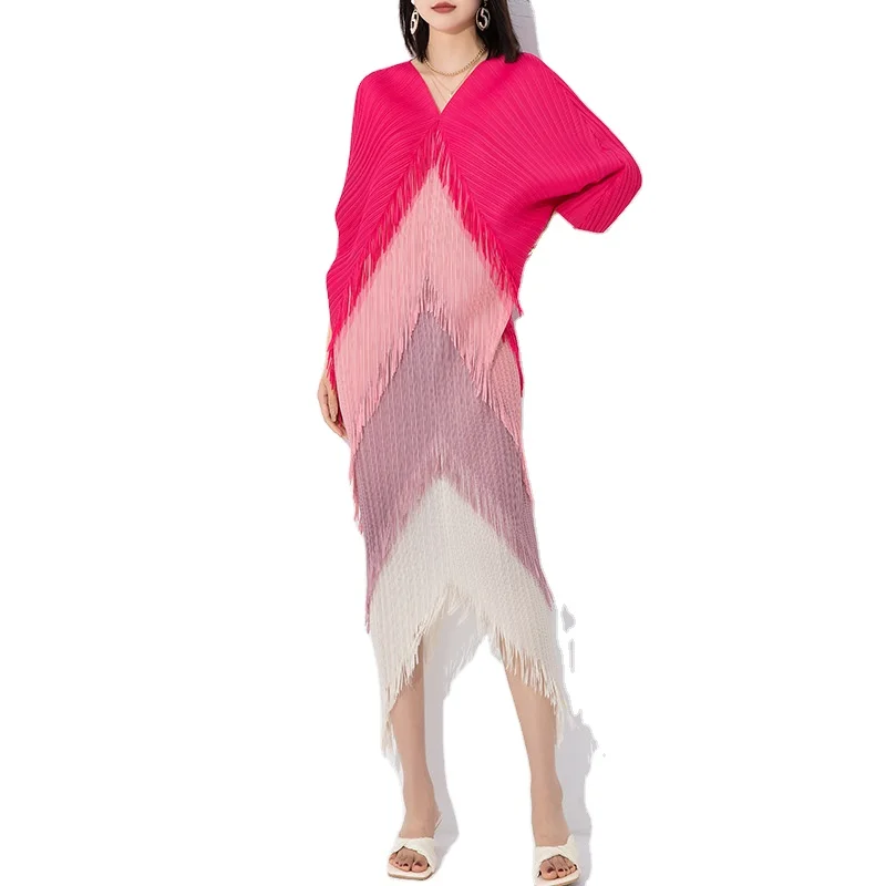 2024 SBM New Woman Plus Size Evening Dresses Tassel Red Dress Miyake Pleated Woman Casual Dresses