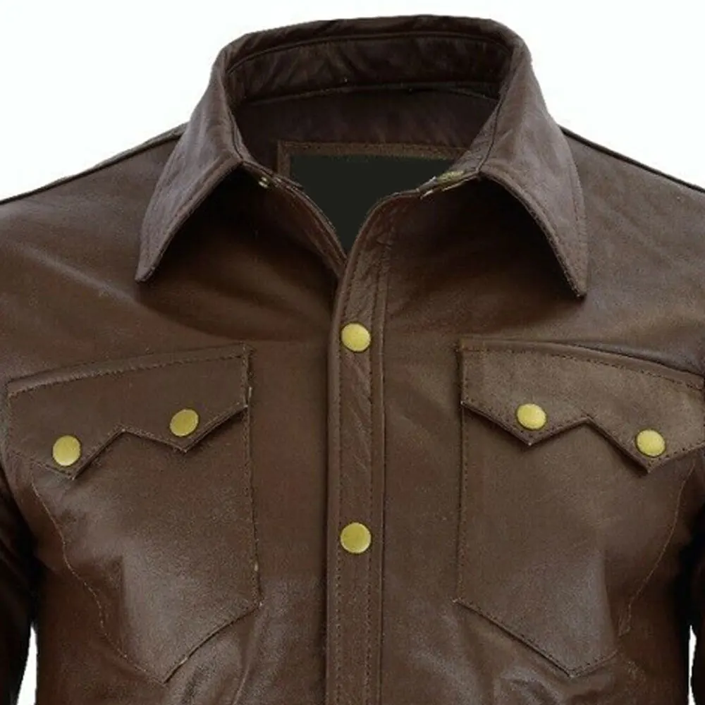 Customized Made Premium Quality Leather Jacket For Men Genuine Cowhide Shirt Collar Casual Classic Leather Shirts