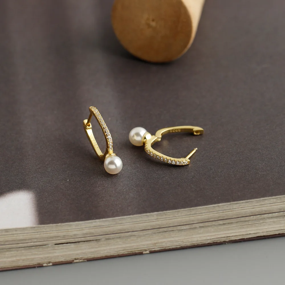 wholesale fashion jewelry 925 sterling silver U-shaped pearl diamond zircon gold plated hoop earring jewelry for women