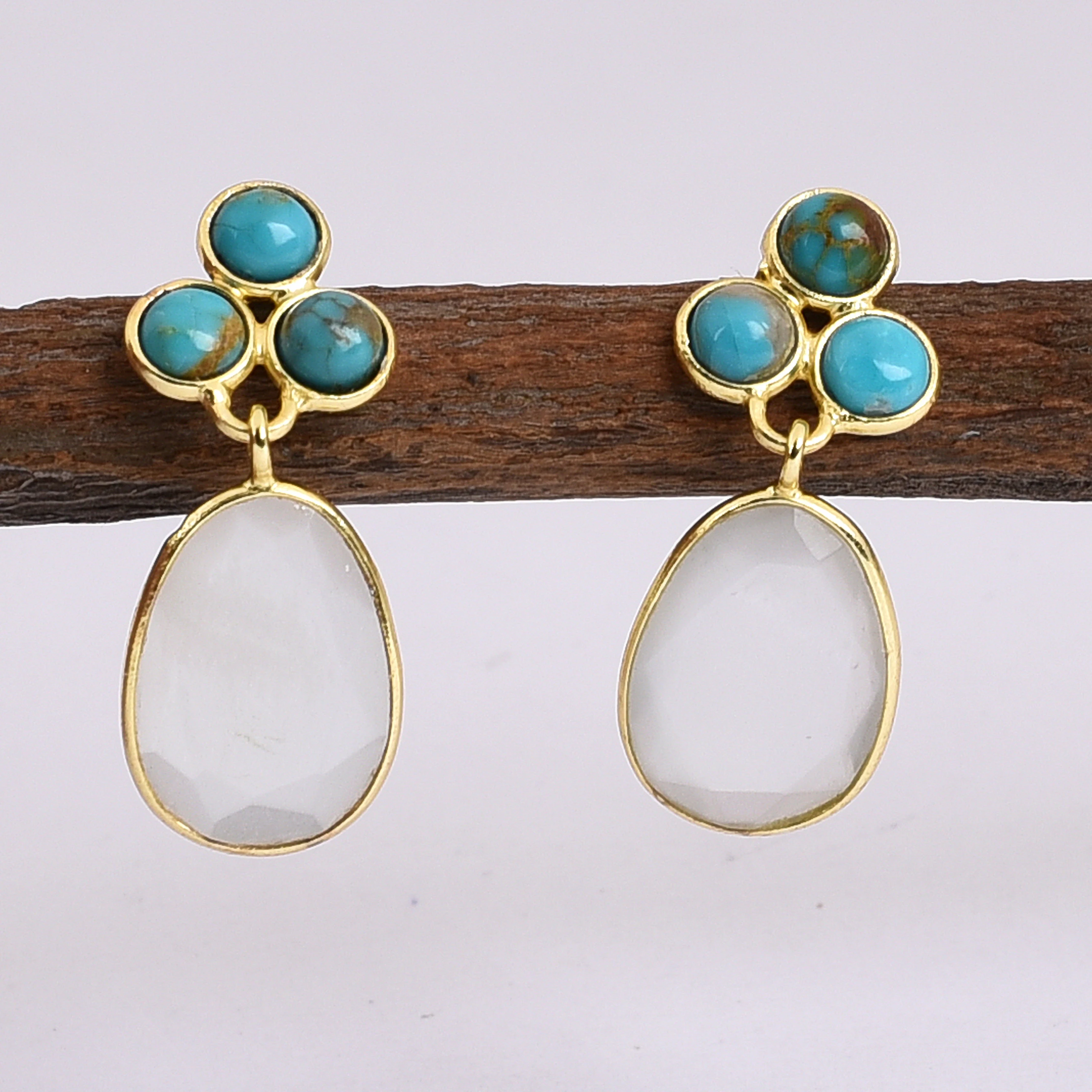 925 Sterling Silver Gold Plated Earring with Turquoise and Amethyst Earring Handmade Jewelry Gift For Her Wholesale Jewelry