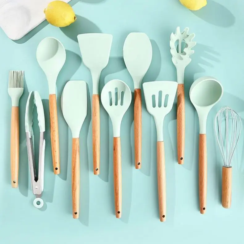 Silicone Kitchen Accessories Non-stick Cookware Wooden Kitchen Tools in Stock 12 Pcs Home Kitchen Utensils Silicone Spoon Holder