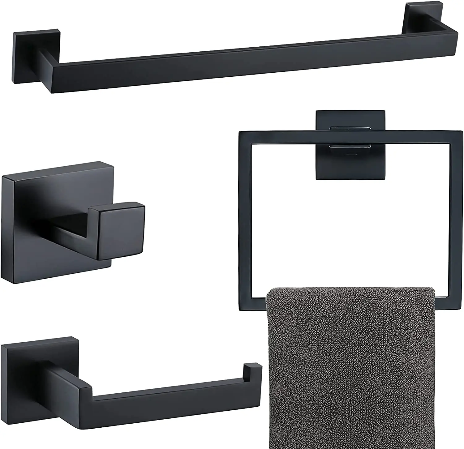 Wall Mounted 4-piece Matte Black  Bathroom Towel Bar Set Stainless Steel Bath Hardware Accessories Set