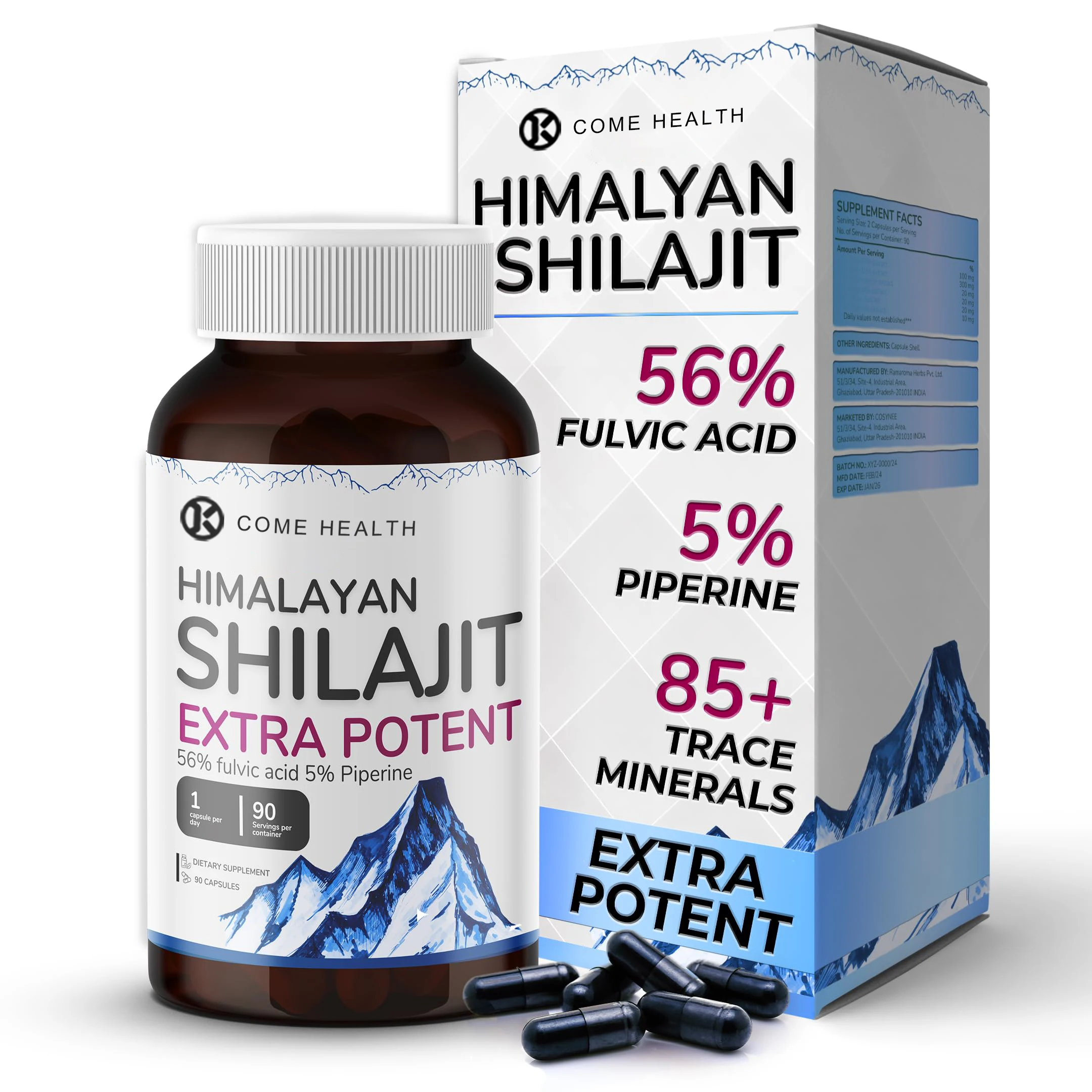 Wholesaler OEM Hot Popular Natural Shilajit Extract 56% Fulvic Acid 5% Piperine Himalayan Shilajit Capsules