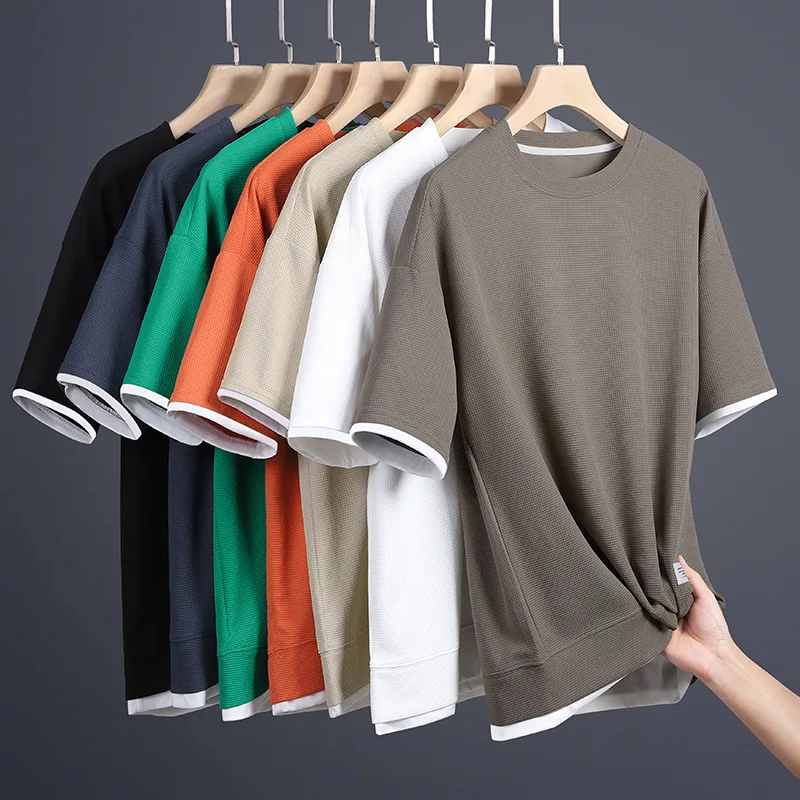 Summer short sleeved t-shirt for men, two loose half sleeved t-shirts ice thin round neck trendy clothes