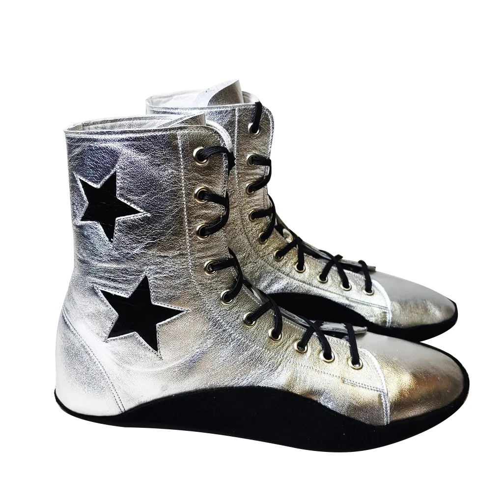 Custom Made Silver Tightrope Boots Bodybuilding Wrestling Gym Professional Kick Boxing Shoes For Men Wholesale Factory Suppliers