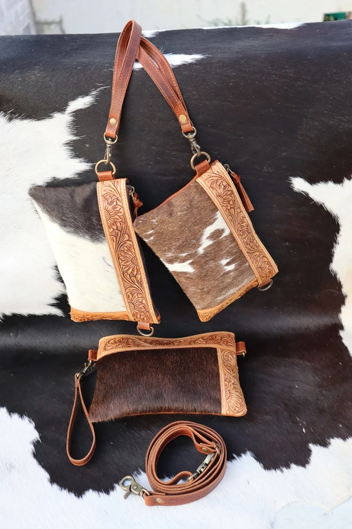 Western Tooled Leather Hair On Purse Women Clutches Genuine Leather Wallet With Hand Carved Design Manufacturer And Wholesaler