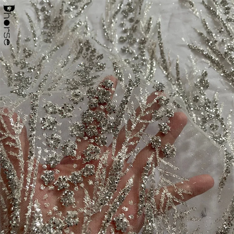 New 2023 top end grey shiny rhinestone beaded glitter lace fabric for making dress