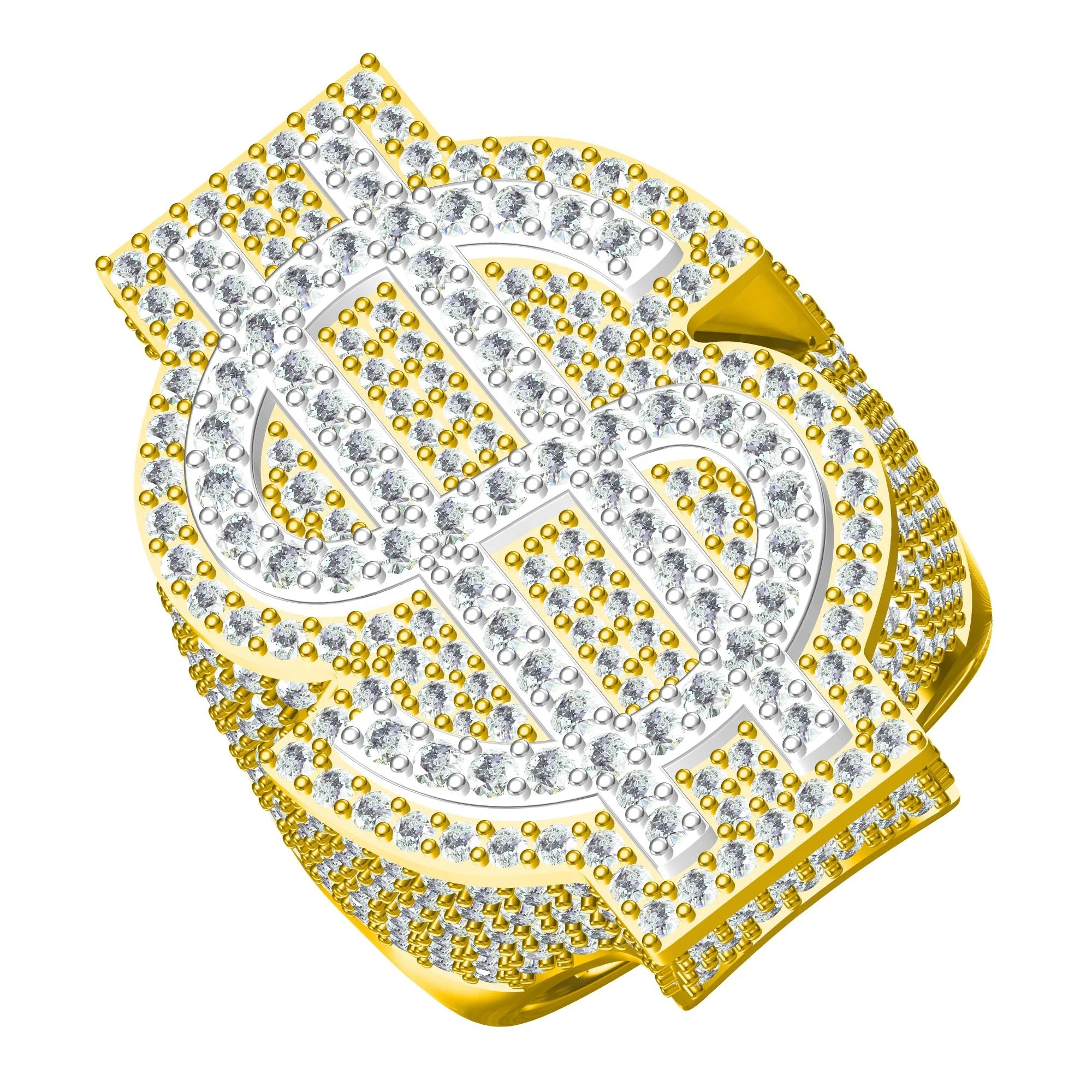 Mens Iced Out Diamond Ring with Dollar Sign in Yellow and White 10kt and 14kt Gold Purity Available with VVS-VS Round Diamonds