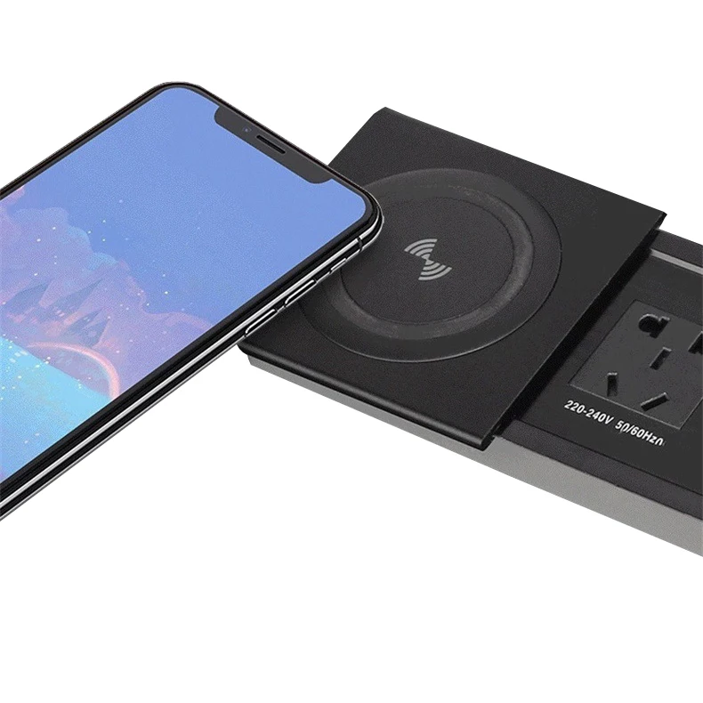 OEM customized Tabletop Hide embedded Sliding open Lid Power Grommets multimedia socket box with wireless Charging USB