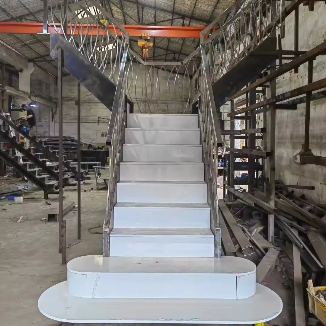 White stone step staircase Pure white marble tread stairway tile step stairs dou steel stringers mono beam steel stair