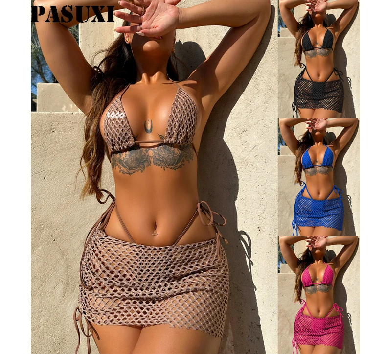 PASUXI Sexy Halter Bikini Mesh Extreme Hot Swimming Wear Bathing Suits Three Piece Swimsuit For Women 2023